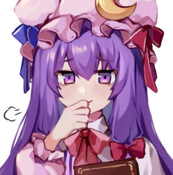 Rule 34 | 1girl, blue ribbon, book, bow, bowtie, chinese commentary, closed mouth, commentary request, crescent, crescent hat ornament, hair bow, hand to own mouth, hat, hat ornament, hat ribbon, highres, long hair, long sleeves, looking at viewer, mob cap, patchouli knowledge, puff of air, purple eyes, purple hair, red bow, red bowtie, red ribbon, ribbon, simple background, smile, solo, touhou, upper body, utsuro114514, white background