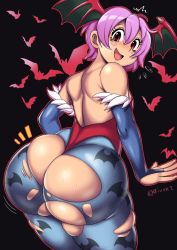 Rule 34 | 1girl, ass, ass focus, bare shoulders, blush, bridal gauntlets, capcom, demon girl, embarrassed, from behind, head wings, highres, huge ass, jiggle, leotard, lilith aensland, looking at viewer, looking back, open mouth, pantyhose, purple hair, red eyes, rivyk, shiny clothes, shiny skin, short hair, smile, solo, thick thighs, thighs, thong leotard, vampire (game), wings