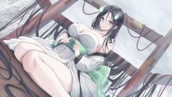 Rule 34 | 1girl, absurdres, black hair, breasts, cleavage, closed mouth, detached sleeves, dress, dutch angle, earrings, green eyes, hair between eyes, highres, jewelry, large breasts, lillly, long hair, looking at viewer, ofuda, original, rope, sitting, solo, very long hair, wariza
