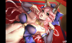 Rule 34 | 10s, 1girl, animal ears, armpits, bare shoulders, bell, neck bell, blush, breasts, cleavage, collar, crop top, cum, cum on body, cum on breasts, cum on upper body, detached sleeves, facial, fate/extra, fate/extra ccc, fate/grand order, fate (series), fox ears, hair ribbon, heart, heart-shaped pupils, jewelry, large breasts, long hair, looking at viewer, lying, navel, necklace, on back, open mouth, pink hair, ribbon, solo, sweat, symbol-shaped pupils, tamamo no mae (fate/extra), tongue, tongue out, viola (seed), yellow eyes