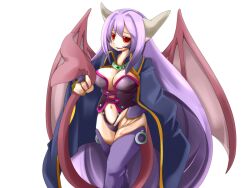 Rule 34 | 1girl, alma elma, black panties, blue cloak, bmp-to-png conversion, breast tattoo, breasts, bridal gauntlets, cleavage, cloak, demon girl, demon horns, demon wings, facial tattoo, feet out of frame, frfr, game cg, grey horns, hair between eyes, hand on own hip, highleg, highleg panties, holding own tail, horns, large breasts, leg tattoo, long hair, looking at viewer, mon-musu quest!, monster girl, navel, non-web source, panties, parted lips, pointy ears, prehensile tail, purple bridal gauntlets, purple hair, purple thighhighs, red eyes, simple background, smile, smirk, solo, standing, tail, tattoo, thighhighs, transparent background, underwear, very long hair, wings