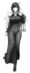 Rule 34 | 1girl, arm at side, blunt bangs, boots, breasts, cleavage, closed mouth, coat, unworn coat, collarbone, covered navel, dress, expressionless, fubuki (one-punch man), full body, fur coat, greyscale, highres, jewelry, large breasts, long sleeves, looking at viewer, monochrome, narrow waist, necklace, one-punch man, short hair, simple background, solo, sparkle, standing, taut clothes, taut dress, the golden smurf, toned, tsurime, white background