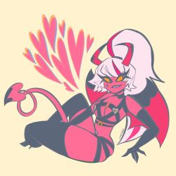 Rule 34 | 1girl, biting own lip, boots, colored skin, demon girl, demon horns, demon tail, demon wings, helluva boss, highres, horns, long hair, mistmistly, pink skin, solo, tail, thigh boots, verosika mayday, wings