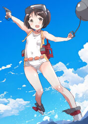 1girl black_hair blue_sky brown_eyes cloud commentary_request diving_mask diving_mask_on_head flotation_belt fuji_(pixiv24804665) goggles goggles_on_head gun highres kantai_collection maru-yu_(kancolle) one-piece_swimsuit open_mouth school_swimsuit short_hair sky smile solo swimsuit thick_eyebrows weapon white_one-piece_swimsuit