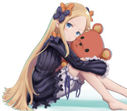 Rule 34 | 1girl, abigail williams (fate), barefoot, black bow, black dress, blonde hair, bloomers, blue eyes, blush, bow, bug, butterfly, chobbi, closed mouth, commentary request, dress, fate/grand order, fate (series), forehead, hair bow, head tilt, insect, long hair, long sleeves, looking at viewer, looking to the side, no headwear, hugging object, orange bow, parted bangs, polka dot, polka dot bow, shadow, sidelocks, sitting, sleeves past fingers, sleeves past wrists, solo, stuffed animal, stuffed toy, teddy bear, underwear, very long hair, white background, white bloomers