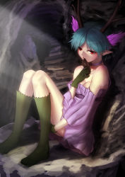 Rule 34 | 10s, 1girl, c (control), exxe, female focus, green hair, head wings, highres, horns, q (control), red eyes, short hair, sitting, solo, wings