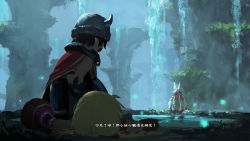 Rule 34 | 1boy, 2girls, animal ears, blonde hair, brown hair, cape, collar, covered face, facial mark, fake horns, fake screenshot, fur, grass, helmet, horned helmet, horns, injury, leaf, looking at another, lying, made in abyss, md5 mismatch, mechanical arms, metal collar, multiple girls, nanachi (made in abyss), on back, rabbit ears, regu (made in abyss), riko (made in abyss), shen yh, topless male, translation request, water, waterfall, white hair