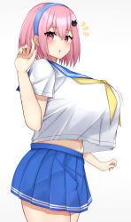 Rule 34 | 1girl, absurdres, blue hairband, blue sailor collar, blue skirt, blush, breasts, cat hair ornament, chestnut mouth, cowboy shot, eyelashes, from side, hair between eyes, hair ornament, hairband, hand up, highres, huge breasts, looking at viewer, looking to the side, midriff peek, miniskirt, neckerchief, notice lines, open mouth, original, pink eyes, pink hair, pleated skirt, sailor collar, school uniform, see-through, see-through shirt, serafuku, shirt, shirt overhang, short hair, short sleeves, simple background, skirt, solo, white background, white shirt, yellow neckerchief, zawashi (zawashio1013)