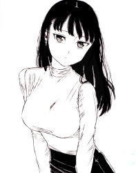 Rule 34 | 1girl, bad id, bad pixiv id, black hair, black skirt, breasts, closed mouth, dende (dndn222), earrings, greyscale, highres, jewelry, large breasts, long hair, long sleeves, looking at viewer, monochrome, original, scan, scan artifacts, shirt, skirt, solo, standing, traditional media, turtleneck