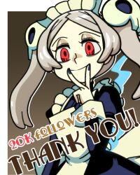 Rule 34 | apron, black nails, bloody marie (skullgirls), border, brown background, dress, fire, forced smile, frilled apron, frilled dress, frills, grey hair, kuroirozuki, looking at viewer, looking down, maid headdress, red eyes, skullgirls, thank you, twintails, upper body, v, white border