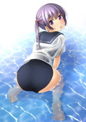 Rule 34 | 1girl, all fours, ass, bare legs, barefoot, black one-piece swimsuit, blue sailor collar, blush, commentary request, hair between eyes, hair bobbles, hair ornament, highres, long hair, looking at viewer, looking back, one-piece swimsuit, original, purple eyes, purple hair, sailor collar, school swimsuit, school uniform, see-through, serafuku, shibacha, shirt, short sleeves, soles, solo, swimsuit, swimsuit under clothes, twintails, water, wet, wet clothes, wet shirt, white shirt