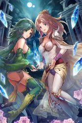 Rule 34 | 2girls, bare shoulders, blonde hair, blue eyes, boots, breasts, bridal gauntlets, cape, circlet, cleavage, crystal, detached sleeves, earrings, final fantasy, final fantasy iv, full moon, green eyes, green hair, green legwear, high heel boots, high heels, jewelry, long hair, long sleeves, looking at viewer, medium breasts, moon, multiple girls, open mouth, pantyhose, ponytail, rosa farrell, rydia (ff4), sasanomesi, shoulder pads, showgirl skirt, spikes, thighhighs, white cape, white legwear, yellow footwear