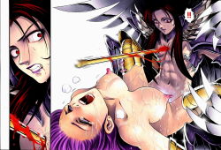 Rule 34 | 1boy, 1girl, angry, armor, athena, black hair, blood, blush, bottomless, breasts, clenched teeth, covered erect nipples, cum, cum on body, cum on breasts, cum on lower body, cum on upper body, empty eyes, hades (mythology), hetero, highres, impaled, kido saori, large breasts, legs, long hair, nipples, nude, open mouth, polearm, purple hair, rape, red eyes, saint seiya, saliva, sex, simple background, spear, spread legs, sweat, tears, teeth, thighs, vaginal, weapon