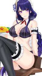 Rule 34 | 1girl, alternate costume, arm strap, bare shoulders, black panties, black thighhighs, blush, braid, breasts, cleavage, detached collar, feet out of frame, food, genshin impact, hair ornament, highres, large breasts, legs, long hair, looking at viewer, low-braided long hair, low-tied long hair, maid headdress, mole, mole under eye, noise paper, omelet, omurice, panties, parted lips, purple eyes, purple hair, raiden shogun, simple background, sitting, solo, teeth, thighhighs, thighs, underwear, white background