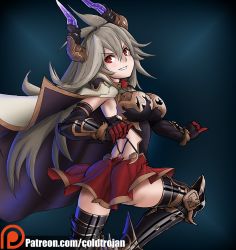 Rule 34 | &gt;:), 10s, 1girl, armor, ass, breasts, cape, coldtrojan, draph, elbow gloves, female focus, from behind, gene (gear gene), gloves, granblue fantasy, grin, hair between eyes, horns, large breasts, long hair, looking back, miniskirt, patreon, red eyes, simple background, skirt, smile, solo, thighhighs, threo (granblue fantasy), very long hair