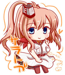 Rule 34 | 10s, 1girl, blue eyes, blush stickers, breast pocket, breasts, brown hair, chibi, commentary request, dress, hair between eyes, highres, kantai collection, large breasts, long hair, looking at viewer, mochimako, neckerchief, pocket, ponytail, red neckerchief, saratoga (kancolle), side ponytail, smile, solo, twitter username, white dress