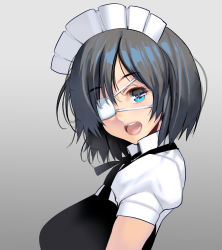 Rule 34 | absurdres, bandages, black hair, blue eyes, eyepatch, highres, kouno (masao), looking at viewer, maid, maid headdress, open mouth, original, short hair, smile, solo