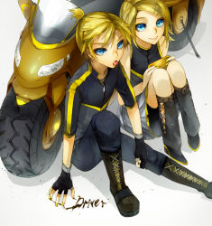 Rule 34 | 1boy, 1girl, alternate costume, aonoe, bad id, bad pixiv id, blonde hair, blue eyes, boots, brother and sister, candy, detached sleeves, fingerless gloves, food, gloves, hair ornament, hairclip, hairpin, kagamine len, kagamine rin, lollipop, matsunaka hiro, motor vehicle, motorcycle, nail polish, ponytail, short hair, siblings, sitting, smile, twins, vehicle, vocaloid, yellow nails
