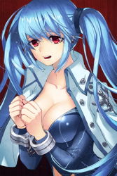 Rule 34 | 1girl, bdsm, blue hair, bondage, bound, breasts, cleavage, coat, cuffs, large breasts, long hair, lowres, luthica preventer, open clothes, open mouth, red eyes, solo, sword girls, twintails