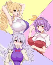 Rule 34 | 3girls, absurdres, angel wings, arms up, blonde hair, blush, breasts, commentary request, grey hair, group hairstyle switch, hair between eyes, hair ribbon, hand up, high ponytail, highres, kishin sagume, large breasts, long hair, looking to the side, mouth hold, multiple girls, open mouth, purple eyes, purple hair, ribbon, s watatsuki n, simple background, single wing, touhou, very long hair, watatsuki no toyohime, watatsuki no yorihime, wavy hair, wings, yellow eyes, yellow ribbon