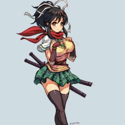 Rule 34 | 10s, 1girl, armor, artist name, asuka (senran kagura), bara (totocos), black hair, black thighhighs, blue background, blush, breasts, closed mouth, cowboy shot, green necktie, green skirt, hair ribbon, hands on breasts, hands on own chest, highres, japanese armor, katana, large breasts, legs together, looking at viewer, miniskirt, necktie, plaid, plaid skirt, ponytail, red scarf, ribbon, scabbard, scarf, school uniform, senran kagura, sheath, sheathed, shirt, short hair, short sleeves, skirt, smile, solo, standing, sweater vest, sword, thighhighs, weapon, weapon on back, white ribbon, white shirt, yellow eyes