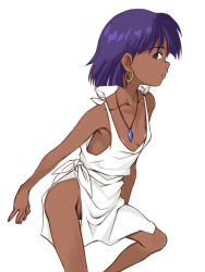 Rule 34 | 1girl, breasts, closed mouth, dark-skinned female, dark skin, dress, e10, earrings, female pubic hair, fushigi no umi no nadia, green eyes, jewelry, looking at viewer, nadia la arwall, necklace, pubic hair, purple hair, short hair, simple background, small breasts, solo, uncensored, white background