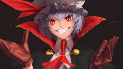 Rule 34 | 1girl, amino (tn7135), ascot, bad id, bad pixiv id, blue hair, brown gloves, cape, fangs, gloves, grin, hat, hat ribbon, high collar, looking at viewer, mob cap, red eyes, red ribbon, remilia scarlet, ribbon, short hair, slit pupils, smile, solo, touhou, tsurime, upper body