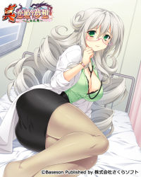 Rule 34 | 1girl, ass, bed, bibyo, black skirt, blouse, breasts, character request, cleavage, coat, curly hair, glasses, green eyes, green shirt, grey pantyhose, hand to own mouth, infirmary, koihime musou, lab coat, large breasts, legs, long hair, lying, official art, on side, pantyhose, pencil skirt, see-through, see-through legwear, shin koihime musou, shirt, silver hair, skirt, solo, stethoscope, thighs, very long hair, watch, white coat, wristwatch