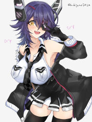 Rule 34 | 1girl, :d, arm at side, arm up, armpits, bare shoulders, black gloves, black jacket, black thighhighs, blush, breast pocket, breasts, chamumi (mochiumee), checkered necktie, collarbone, cowboy shot, eyepatch, fang, fur-trimmed jacket, fur trim, gloves, headgear, high-waist skirt, jacket, kantai collection, large breasts, looking at viewer, loose necktie, necktie, off-shoulder jacket, off shoulder, open mouth, pocket, purple hair, shirt, short hair, skirt, sleeveless, sleeveless shirt, smile, solo, sound effects, tenryuu (kancolle), tenryuu kai ni (kancolle), thighhighs, twitter username, v, white background, yellow eyes, zettai ryouiki