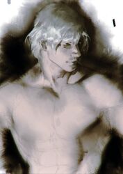 Rule 34 | 1boy, abs, collarbone, dante (devil may cry), devil may cry, devil may cry (series), devil may cry 4, facial hair, limited palette, male focus, mature male, monochrome, muscular, muscular male, parted lips, pectorals, rae (offrecord), realistic, sketch, smile, solo, spot color, toned, toned male, topless male, white hair