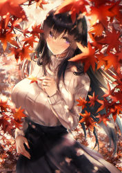 Rule 34 | 1girl, absurdres, alice gear aegis, black hair, black skirt, blush, breasts, closed mouth, commentary request, hair between eyes, high-waist skirt, highres, holding, holding leaf, jewelry, kagome misaki, large breasts, leaf, long hair, long sleeves, looking at viewer, outdoors, purple eyes, puru (ex-150), revision, ribbed sweater, ring, shirt tucked in, skirt, smile, solo, sweater, turtleneck, turtleneck sweater, white sweater, wind