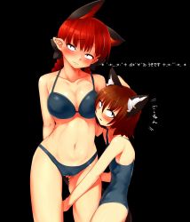 Rule 34 | 2girls, animal ears, bikini, black background, blush, bow, braid, breasts, brown eyes, brown hair, cat ears, cat girl, cat tail, chen, cleavage, earrings, extra ears, female focus, hair bow, highres, jewelry, kaenbyou rin, large breasts, long hair, looking at viewer, mizuga, multiple girls, navel, one-piece swimsuit, pointy ears, red eyes, red hair, short hair, simple background, single earring, swimsuit, tail, touhou, translated, troll face, twin braids