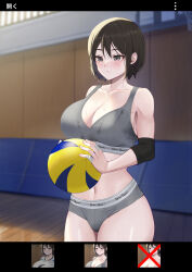 Rule 34 | 1girl, ball, bandaged fingers, bandages, basketball hoop, blurry, blurry background, breasts, brown hair, collarbone, cowboy shot, grey eyes, grey panties, grey sports bra, highres, holding, holding ball, large breasts, mole, mole on breast, navel, original, panties, ramachiru, short hair, solo, sports bra, sweat, underwear, volleyball (object), wooden floor