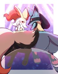 Rule 34 | 2girls, animal ear fluff, animal ears, animal feet, animal nose, artist name, ass, black fur, blue fur, blush, body fur, border, braixen, censored, closed mouth, creatures (company), female focus, fox ears, fox girl, fox tail, from behind, furry, furry female, game freak, gen 4 pokemon, gen 6 pokemon, gradient background, happy, leaning forward, looking at viewer, looking back, lucario, mosaic censoring, multiple girls, negoya, nervous, nintendo, outside border, pawpads, pokemon, pokemon (creature), profile, purple background, pussy, pussy juice, red eyes, sideways mouth, signature, sitting, smile, snout, sparkle, sweat, tail, white border, white fur, wolf ears, wolf girl, wolf tail, yellow fur