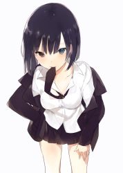 Rule 34 | 1girl, bad id, bad tumblr id, black hair, black jacket, black necktie, black skirt, blue eyes, blush, breasts, collarbone, collared shirt, cowboy shot, hand on own hip, hand on own thigh, hand on thigh, heterochromia, jacket, leaning forward, long sleeves, looking at viewer, lpip, medium breasts, mouth hold, necktie, off shoulder, open clothes, open jacket, original, pleated skirt, red eyes, shirt, short hair, simple background, skirt, solo, standing, white background, white shirt, wing collar