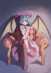Rule 34 | 1girl, armchair, bad id, bad pixiv id, bat wings, blue hair, blush, chair, convenient leg, crossed legs, fang, full body, gradient background, hat, highres, huan yu, looking at viewer, mary janes, mob cap, puffy sleeves, red eyes, remilia scarlet, shirt, shoes, short hair, short sleeves, sitting, skirt, skirt set, slit pupils, smile, socks, solo, touhou, white socks, wings