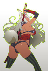 Rule 34 | 1girl, animal ears, ass, back, bent over, black bra, black panties, bra, breasts, bridal gauntlets, chyko, clothing cutout, cropped legs, dark-skinned female, dark skin, dress, female focus, fox ears, fox tail, gauntlets, heart cutout, katana, large breasts, licking lips, long hair, looking at viewer, looking back, original, panties, partially visible vulva, pink eyes, red dress, revealing clothes, sheath, sideboob, silver hair, skindentation, solo, striped clothes, striped thighhighs, sword, tail, tan, thighhighs, tongue, tongue out, underwear, unsheathing, very long hair, weapon