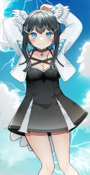 Rule 34 | &gt;:), 1girl, arms behind head, arms up, black choker, black dress, black hair, blue eyes, blue hair, blue sky, blush, breasts, choker, cleavage, closed mouth, cloud, collarbone, commentary, cropped jacket, day, dress, electricity, feathered wings, hair ornament, hairclip, head wings, highres, indie virtual youtuber, jacket, kurata rine, kuratarine, long hair, long sleeves, looking at viewer, medium breasts, multicolored hair, open clothes, open jacket, outdoors, sky, smile, solo, symbol-only commentary, two-tone hair, v-shaped eyebrows, virtual youtuber, white jacket, white wings, wings