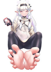 Rule 34 | 1girl, absurdres, barefoot, blue archive, cameltoe, cellphone, doodle sensei (blue archive), feet, hairband, highres, himari (blue archive), long hair, looking at viewer, phone, pointy ears, presenting feet, sensei (blue archive), smartphone, smile, soles, toes