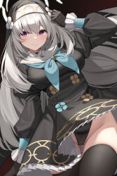 Rule 34 | 1girl, absurdres, blue archive, blue neckerchief, blush, breasts, crossed bangs, dress, gloves, grey hair, habit, halo, highres, juliet sleeves, large breasts, long hair, long sleeves, looking at viewer, neckerchief, nun, puffy sleeves, purple eyes, sakurako (blue archive), smile, solo, suiroh (shideoukami), thighhighs, thighs