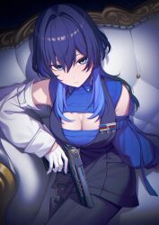 Rule 34 | 1girl, absurdres, blue eyes, blue hair, blue necktie, blue shirt, blue sleeves, breasts, cleavage, cleavage cutout, clothing cutout, collared shirt, detached sleeves, erezu, gloves, gun, handgun, highres, holding, holding gun, holding weapon, hololive, hololive english, large breasts, long hair, looking at viewer, military uniform, necktie, official alternate costume, ouro kronii, ouro kronii (4th costume), shirt, uniform, virtual youtuber, weapon, white gloves, white sleeves, wolf cut