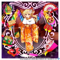 Rule 34 | 1girl, alternate costume, bag, bat ornament, black footwear, blonde hair, closed mouth, commentary, copyright name, copyright notice, crystal, english commentary, flandre scarlet, flandre scarlet (vampire making a wish), floral print, folding fan, full body, fur trim, furisode, game cg, hagoita, hair ornament, hand fan, japanese clothes, kimono, long sleeves, looking at viewer, medium hair, one side up, orange print, paddle, red eyes, red footwear, rotte (1109), solo, third-party source, touhou, touhou lostword, wide sleeves, wings