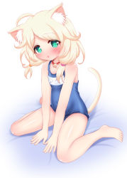 Rule 34 | 1girl, ahoge, animal ear fluff, animal ears, barefoot, bell, blonde hair, blue one-piece swimsuit, blush, cat ears, cat girl, cat tail, collar, covered navel, feet, green eyes, highres, hosizora mikoto, idolmaster, idolmaster cinderella girls, jingle bell, legs, long hair, name tag, old school swimsuit, one-piece swimsuit, open mouth, school swimsuit, simple background, sitting, solo, swimsuit, tail, thighs, toes, twintails, white background, yusa kozue
