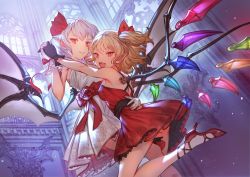 Rule 34 | 2girls, :d, bare arms, bare legs, bare shoulders, bat wings, black gloves, blonde hair, blue eyes, bright pupils, closed mouth, commentary request, dress, fang, flandre scarlet, flower, from side, gloves, hair ribbon, holding hands, high heels, highres, indoors, interlocked fingers, light purple hair, looking at viewer, makai no juumin, multiple girls, one side up, open mouth, pointy ears, red dress, red eyes, red flower, red footwear, red ribbon, red rose, remilia scarlet, ribbon, rose, shoes, short dress, short hair, siblings, sisters, smile, touhou, v-shaped eyebrows, white dress, white gloves, wings