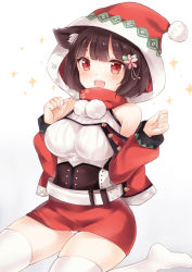 Rule 34 | 1girl, :d, animal ears, azur lane, bare shoulders, belt, blush, brown hair, cat ears, commentary request, fang, hair ornament, hands up, hat, jacket, long sleeves, looking at viewer, nikoo, no shoes, open mouth, panties, panty peek, red eyes, red hat, red jacket, red skirt, santa costume, santa hat, simple background, skirt, smile, solo, sparkle, sweater, thighhighs, underwear, white background, white belt, white panties, white sweater, white thighhighs, yamashiro (azur lane), yamashiro (holiday offensive) (azur lane)