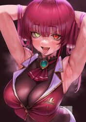 Rule 34 | 1girl, armpits, arms behind head, ascot, bare shoulders, blush, breasts, cleavage, cropped jacket, fang, hair ribbon, heterochromia, highres, hololive, houshou marine, houshou marine (1st costume), jacket, large breasts, leotard, leotard under clothes, long hair, looking at viewer, nanja, open mouth, red ascot, red eyes, red hair, red jacket, ribbon, see-through, see-through cleavage, skin fang, sleeveless, sleeveless jacket, smile, solo, sweat, twintails, virtual youtuber, yellow eyes