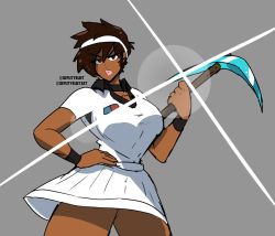 Rule 34 | 1girl, animification, artist name, breasts, brown hair, commentary, dark-skinned female, dark skin, deputy rust, english commentary, grey background, hand on own hip, highres, holding, holding pickaxe, large breasts, looking to the side, minecraft, minecraft pickaxe, nintendo, pickaxe, short hair, skirt, solo, sportswear, super smash bros., tennis uniform, thick lips, white skirt