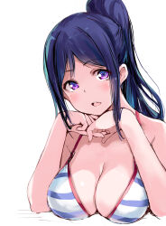 Rule 34 | 1girl, bare shoulders, bikini, blue hair, blush, breasts, cleavage, gengoroh, hashtag-only commentary, highres, large breasts, long hair, looking at viewer, love live!, love live! sunshine!!, matsuura kanan, open mouth, ponytail, purple eyes, simple background, solo, striped bikini, striped clothes, swimsuit, upper body, white background, white bikini