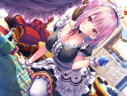 Rule 34 | 1girl, absurdres, apron, arm support, armchair, asa no ha (awayuki), black dress, blush, bottle, breasts, brown eyes, chair, cleavage, collarbone, dress, dutch angle, eyebrows hidden by hair, frilled apron, frilled dress, frills, head tilt, healing of king, highres, holding, indoors, large breasts, looking at viewer, maid, maid apron, maid headdress, official art, petticoat, pink hair, puffy short sleeves, puffy sleeves, shiny skin, short sleeves, sidelocks, slime (substance), smile, solo, sparkle, table, waist apron, white apron, white legwear, window