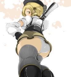Rule 34 | 10s, 1girl, arm warmers, artistic error, ass, bad anatomy, bad id, bad pixiv id, beret, blonde hair, boots, corset, detached sleeves, drill hair, fingerless gloves, foreshortening, from below, gloves, grey thighhighs, gun, hair ornament, hairpin, hat, kneepits, magical girl, magical musket, mahou shoujo madoka magica, mahou shoujo madoka magica (anime), name john, panties, puffy sleeves, revision, rifle, shirt, skirt, solo, striped clothes, striped thighhighs, thighhighs, tomoe mami, underwear, upskirt, vertical-striped clothes, vertical-striped thighhighs, weapon, white panties, yellow eyes